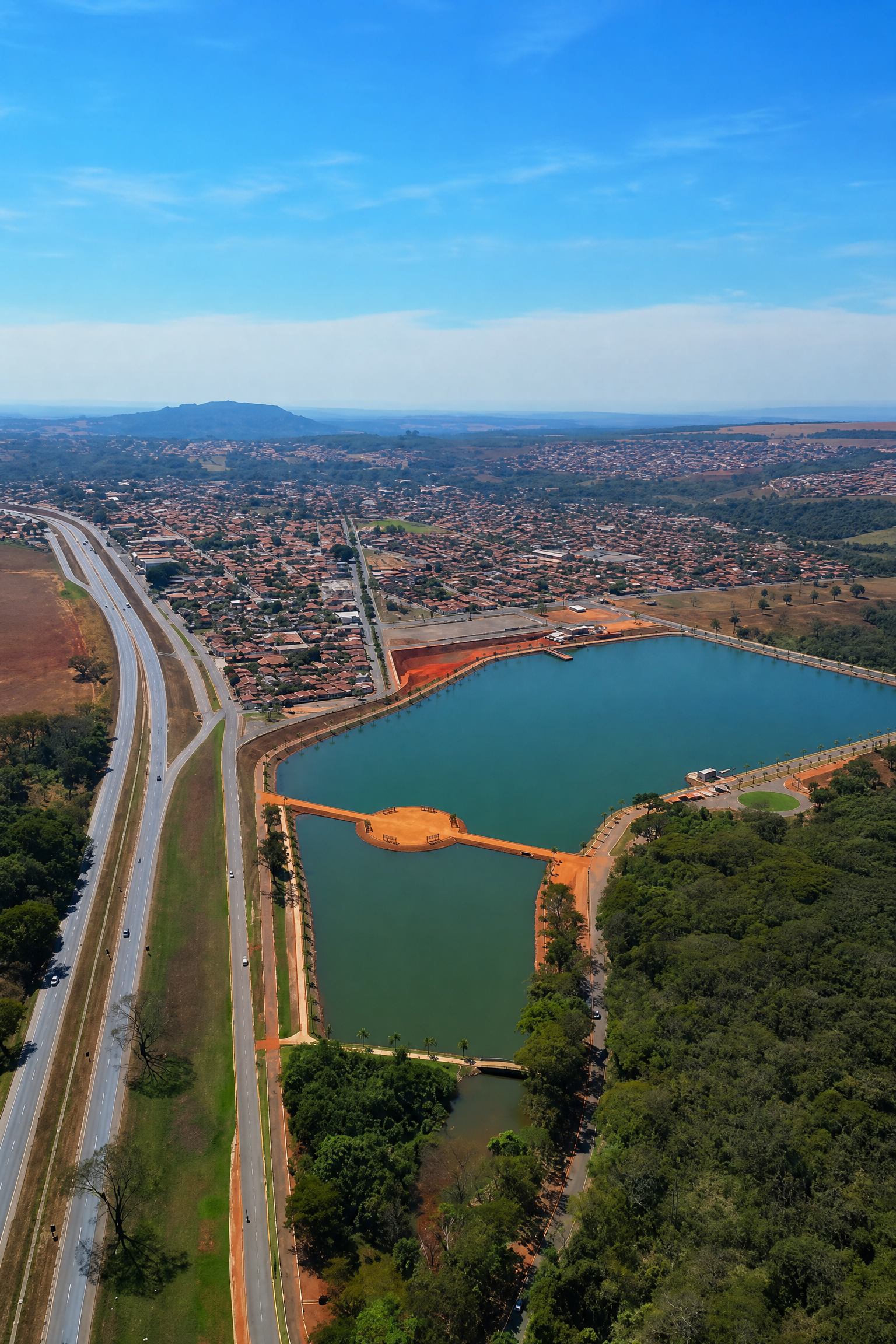 Vista aérea real de Hidrolândia, com a represa e a cidade ao fundo